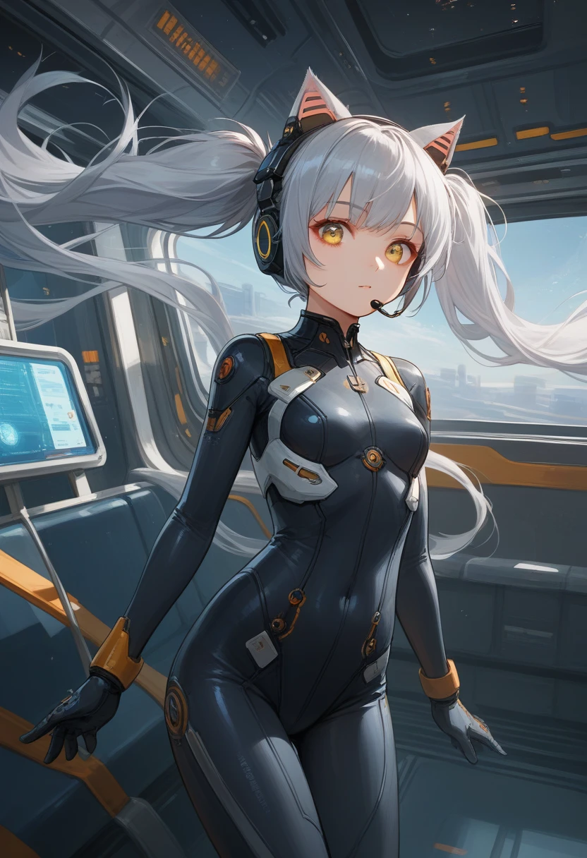 1girl, score_9, spacecraft interior, science fiction, yellow eyes, twintails, silver hair, cat ears, looking at viewer, headset, floating hair, long hair, bodysuit