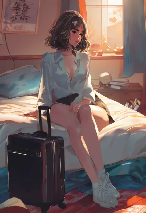 animado girl sitting on a bed with a suitcase in the background, the animado girl is crouching, female protagonist 👀 :8, beautif...