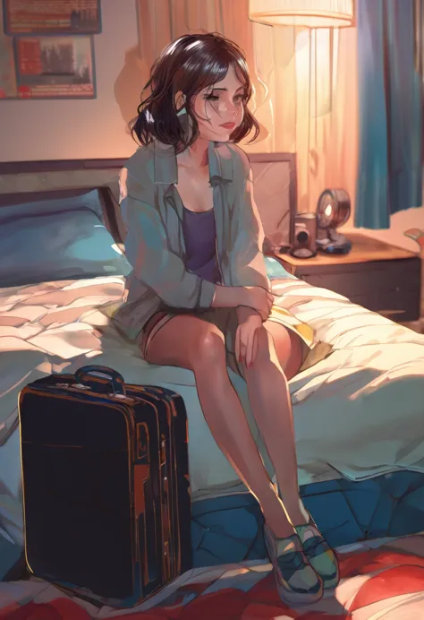 animado girl sitting on a bed with a suitcase in the background, the animado girl is crouching, female protagonist 👀 :8, beautif...