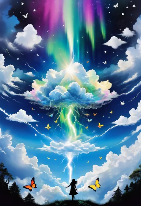 the chaos、clouds of thunder、cumulonimbus clouds、star shine、aurora、butterflys、spectrum floraiagy、(giant hand floating in the sky:...