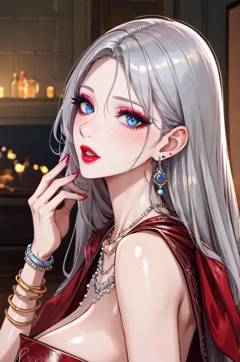 Beautiful lady  , detailed face, big silver jhumka earrings, makeup,white skin,sharp jawline ,big earrings, bracelet, delicate n...