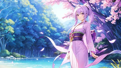 woman　clear　Light purple hair　　kimono　　Anime Style　　treasure
