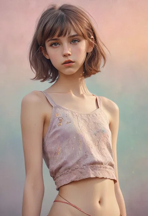 (Cinematic photo:1.3) From (Thigh-length photos:1.3),(skinny:1.3) ((CROPTOP, NAVEL)) Beautiful 12 year old girl, (complex brown ...