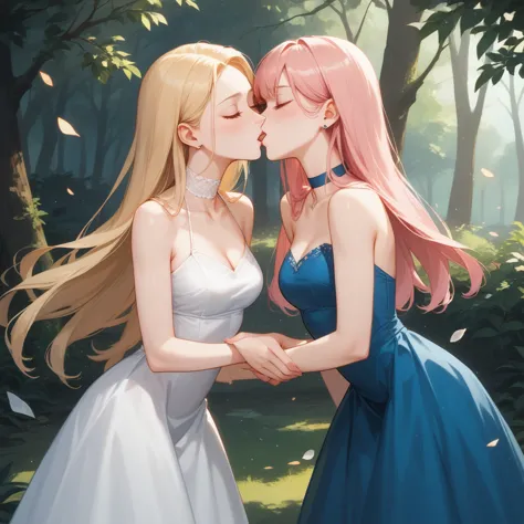 1 girl with long hair blonde in a blue dress, 2 girl pink hair in white dress, kissing, in the woods