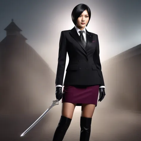 ultra-realistic extremely detailed real life 8k masterpiece of a gorgeous asian woman re ada wong wearing (((skirt suit))), (((t...