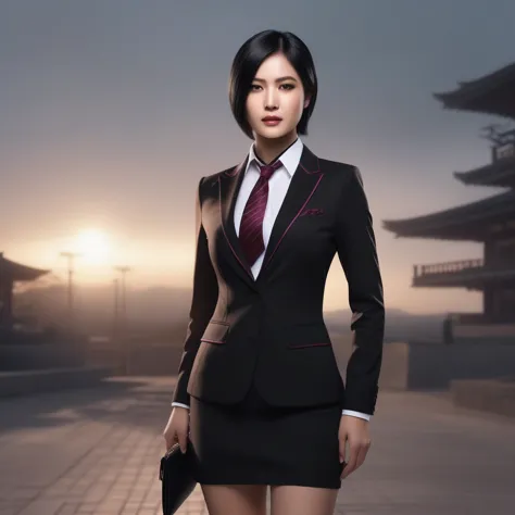 ultra-realistic extremely detailed real life 8k masterpiece of a gorgeous asian woman re ada wong wearing (((skirt suit))), (((t...