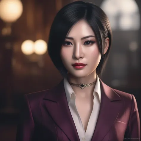 ultra-realistic extremely detailed real life 8k masterpiece of a gorgeous asian woman re ada wong wearing (((skirt suit))), (((t...