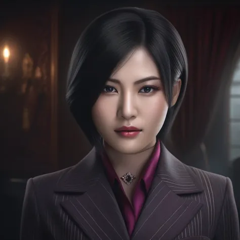 ultra-realistic extremely detailed real life 8k masterpiece of a gorgeous asian woman re ada wong wearing (((skirt suit))), (((t...