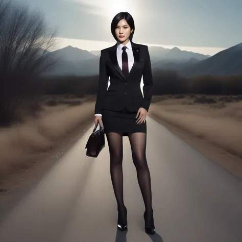 Ultra-realistic extremely detailed real life 8k masterpiece of a gorgeous asian woman re ada wong wearing (((skirt suit))), (((t...