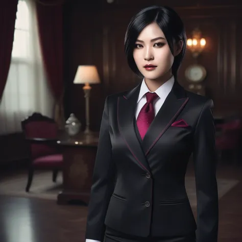 ultra-realistic extremely detailed real life 8k masterpiece of a gorgeous asian woman re ada wong wearing (((skirt suit))), (((t...