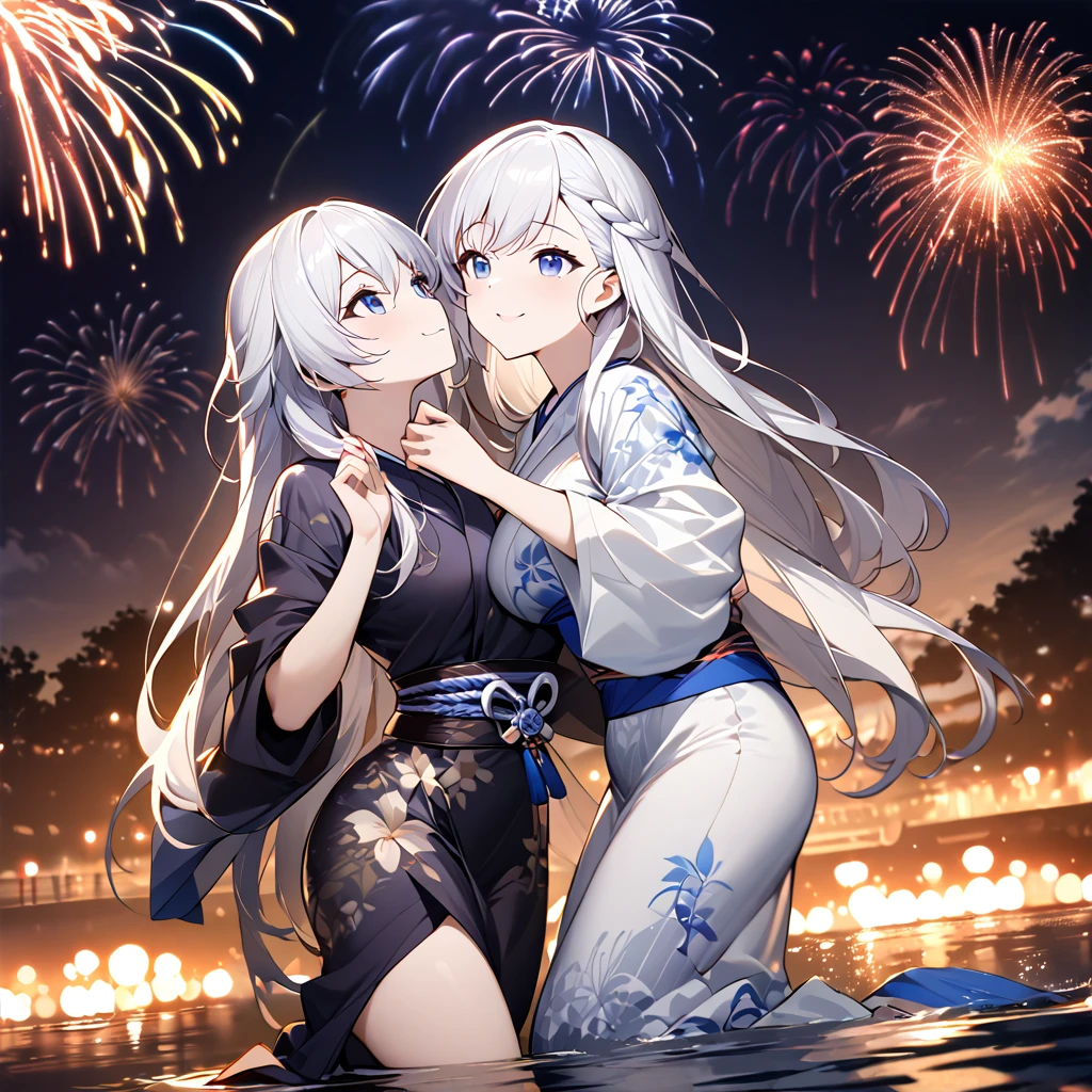 best quality, masterpiece, The girl who made her wish come true,Silver long hair,Deep blue eyes,Double contact, The most beautiful smile, look up to the sky, yukata, River bank, Night view, Fireworks Display, large fireworks