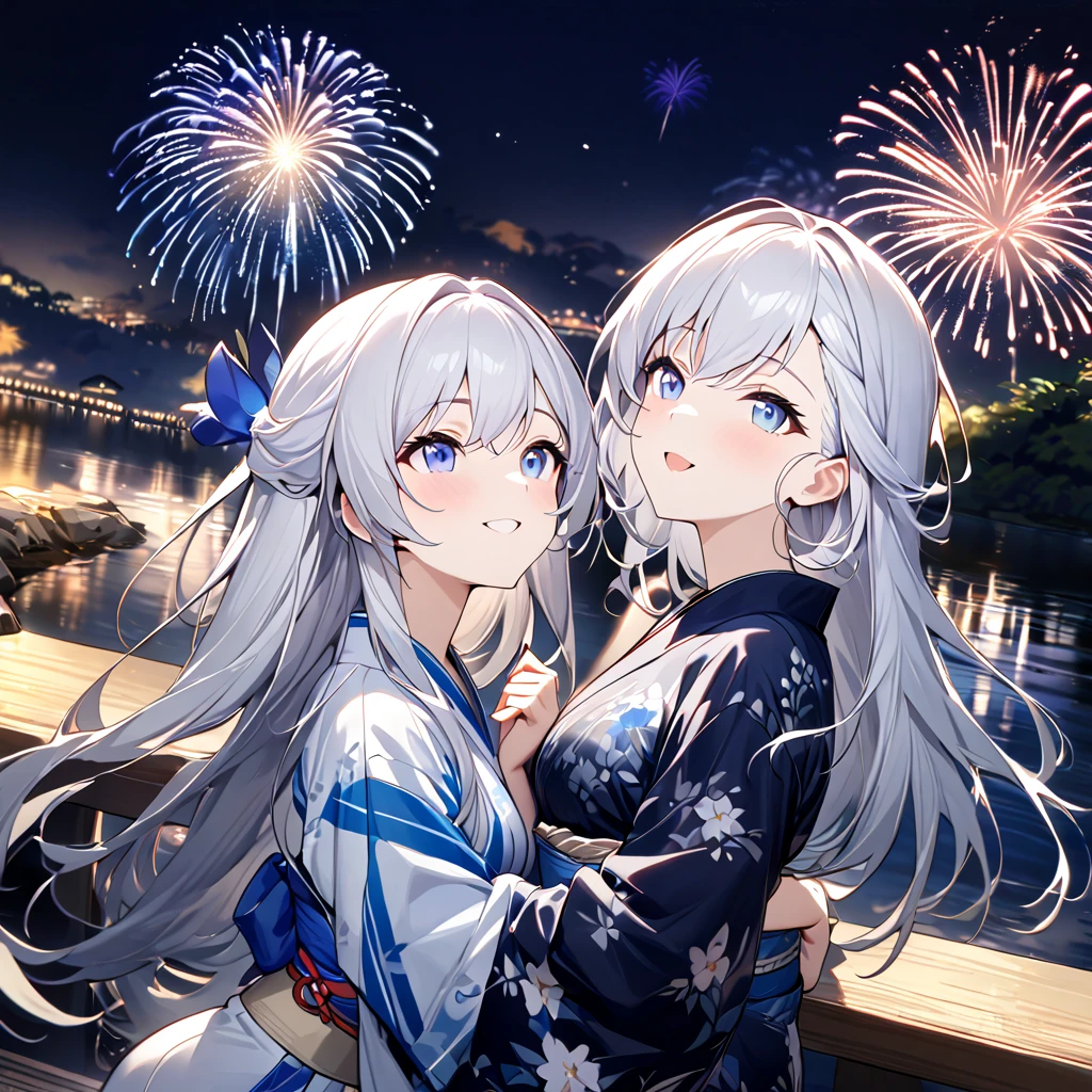 best quality, masterpiece, The girl who made her wish come true,Silver long hair,Deep blue eyes,Double contact, The most beautiful smile, look up to the sky, yukata, River bank, Night view, Fireworks Display, large fireworks