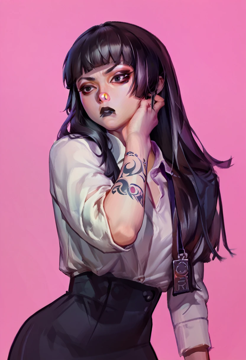 check_9, check_8_up, check_7_up, 1 girl, Simplified background, Asian, mafia business suit, , sunny, beautiful, Hime cut, frown, black lips, black eyes, Tattoos, multiple lightings
