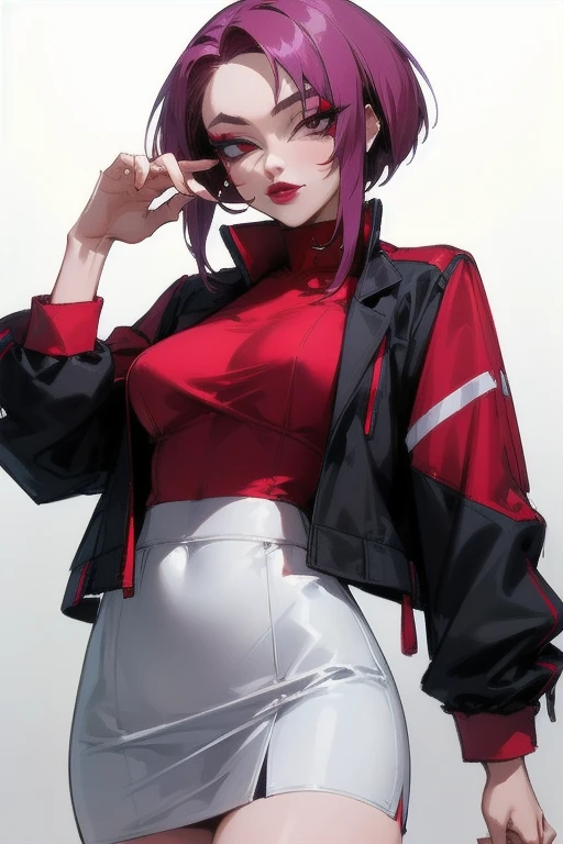 ((Highest quality)), ((masterpiece)), (Familiar), Hazy, Female,Mature Woman,Purple Hair, short hair, Low Ponytail, eye shadow, lipstick, Red eyes,Red and black jacket, White tight skirt