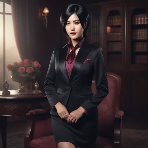 ultra-realistic extremely detailed real life 8k masterpiece of a gorgeous asian woman, re ada wong, (((skirt suit))), (((three-p...