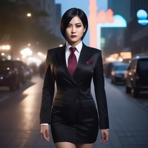 ultra-realistic extremely detailed real life 8k masterpiece of a gorgeous asian woman, re ada wong, (((skirt suit))), (((three-p...