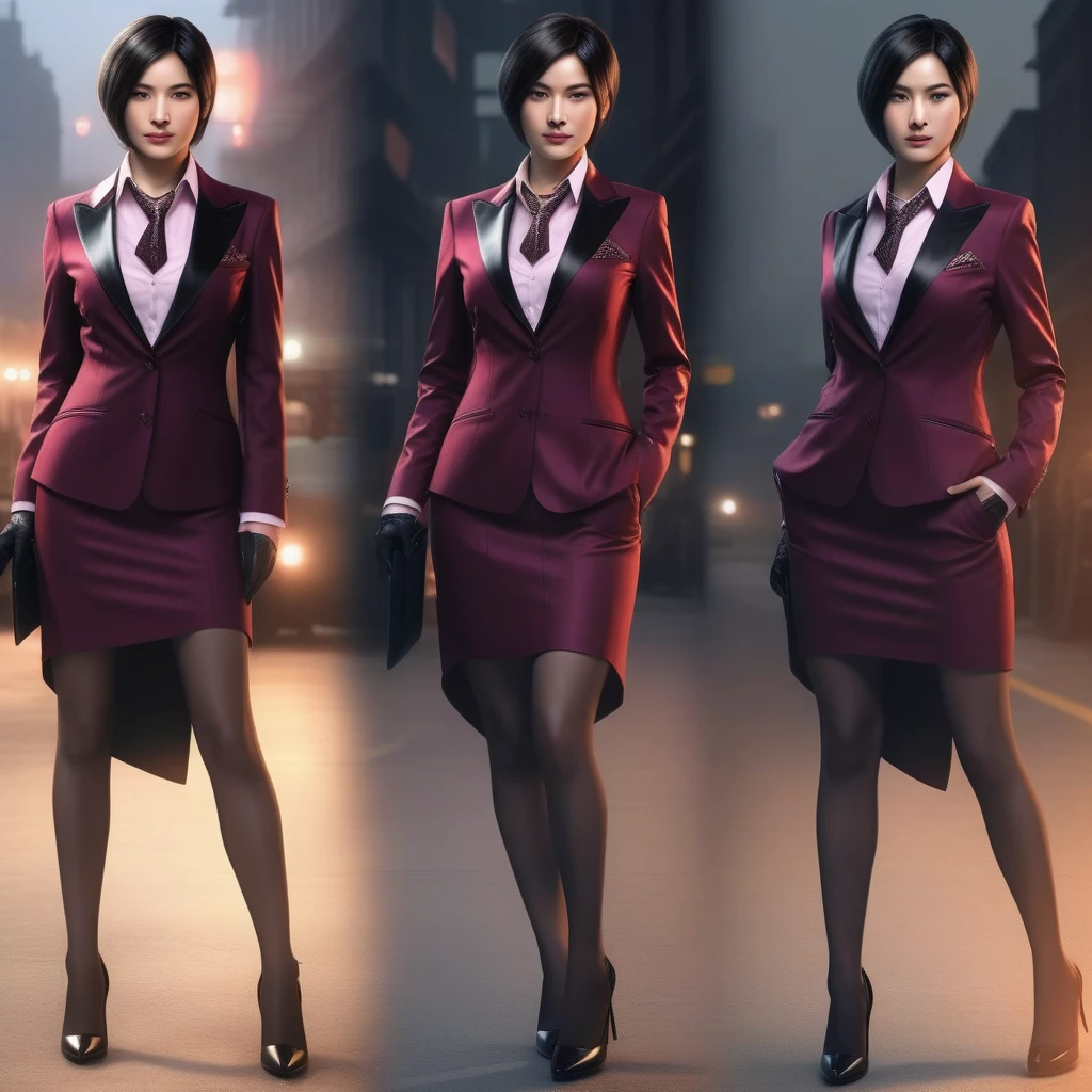 Ultra-realistic extremely detailed real life 8k masterpiece of a gorgeous asian woman, re ada wong, (((skirt suit))), (((three-piece suit))), (((dress shirt))), (((necktie))), (((blazer))), (((black lapel))), (((suit jacket))), ((waistcoat)), double-breasted waistcoat, (((bodycon miniskirt))), pocket square, cufflinks, tie clip , tailored suit,, extremely detailed facial features, dark scary epic lighting, horror composition