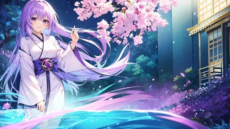 woman　clear　Light purple hair　　kimono　　Anime Style　　treasure house
