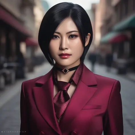 ultra-realistic extremely detailed real life 8k masterpiece of a gorgeous asian woman, re ada wong, (((skirt suit))), (((three-p...