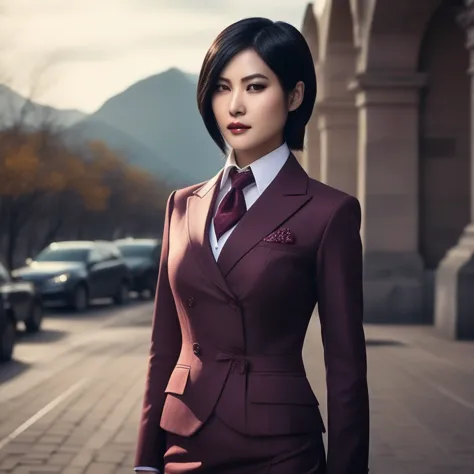 ultra-realistic extremely detailed real life 8k masterpiece of a gorgeous asian woman, re ada wong, (((skirt suit))), (((three-p...