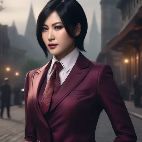 ultra-realistic extremely detailed real life 8k masterpiece of a gorgeous asian woman, re ada wong, (((skirt suit))), (((three-p...