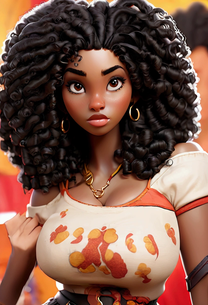 (masterpiece:1.2), (best quality), (ultra detailed), (8k, 4k, intricate),(half-body-shot:1), (highly detailed:1.2),(detailed background:1.2),((big breasts)),((frizzy Afro hair), An photo of a curvy black woman with a black off shoulder shirt and curly hair, red eyes, curly bangs, curly middle part haircut, black curly hair, curly afro, long wild black curly hair, curly haired, black long curly hair, curly black hair, long black curly hair, her face framed with curls, short black curly hair, curly, profile image, curly hair, with afro