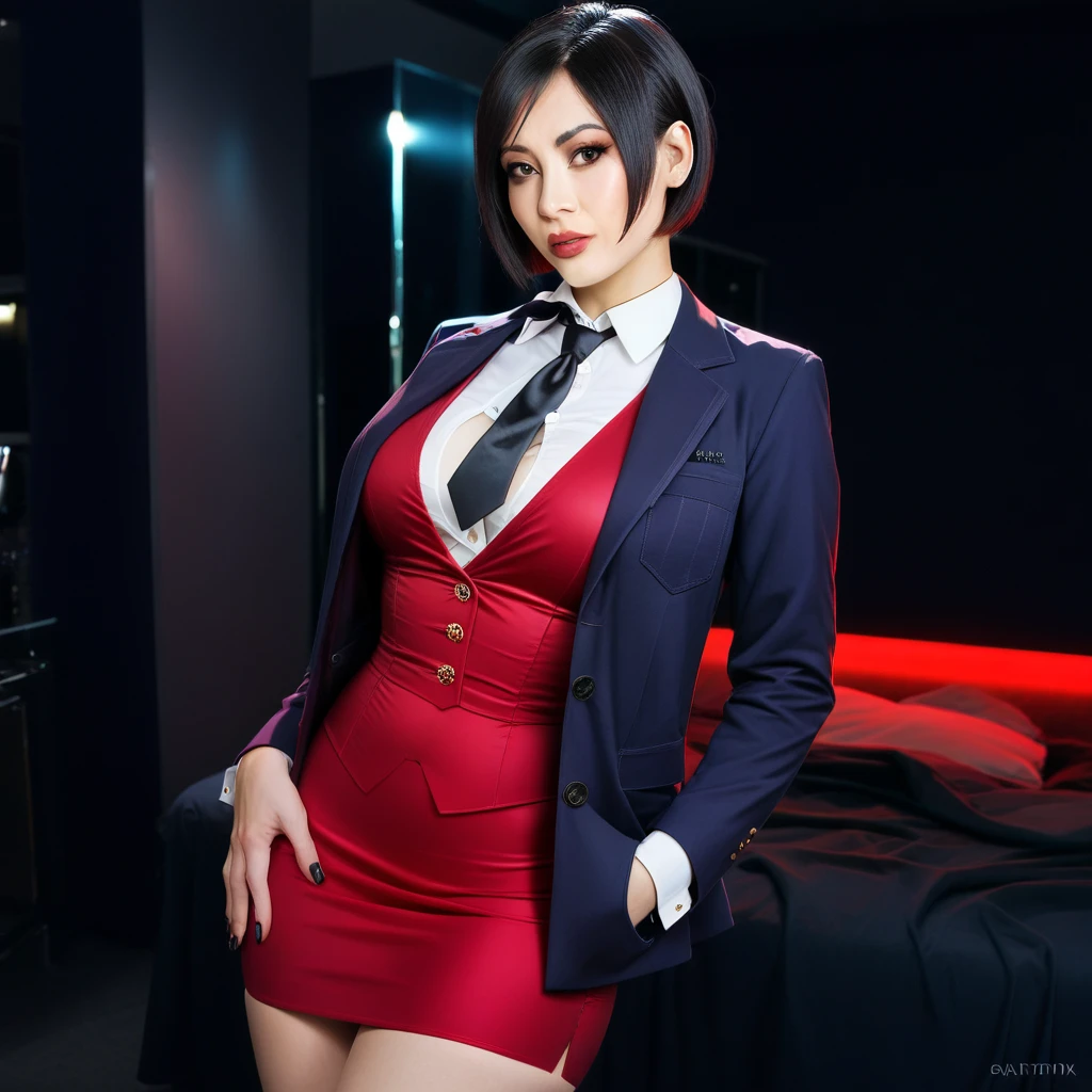 Ultra-realistic extremely detailed real life 8k masterpiece of a gorgeous asian woman re ada wong wearing (((skirt suit))), (((three-piece suit))), (((dress shirt))), (((necktie))), (((blazer))), (((black lapel))), (((suit jacket))), ((waistcoat)), double-breasted waistcoat, (((bodycon miniskirt))), pocket square, cufflinks, tie clip , tailored suit,, extremely detailed facial features, dark scary epic lighting, horror composition