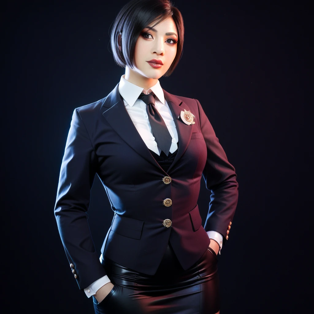 Ultra-realistic extremely detailed real life 8k masterpiece of a gorgeous asian woman re ada wong wearing (((skirt suit))), (((three-piece suit))), (((dress shirt))), (((necktie))), (((blazer))), (((black lapel))), (((suit jacket))), ((waistcoat)), double-breasted waistcoat, (((bodycon miniskirt))), pocket square, cufflinks, tie clip , tailored suit,, extremely detailed facial features, dark scary epic lighting, horror composition