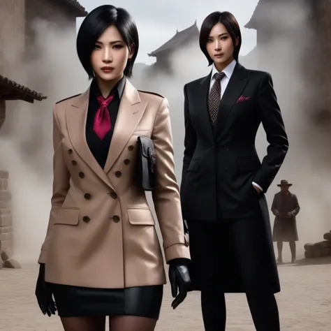 ultra-realistic extremely detailed real life 8k masterpiece of a gorgeous asian woman re ada wong wearing (((skirt suit))), (((t...