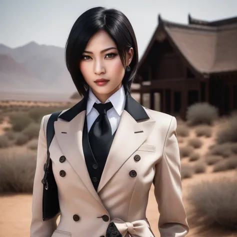 ultra-realistic extremely detailed real life 8k masterpiece of a gorgeous asian woman re ada wong wearing (((skirt suit))), (((t...