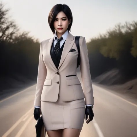 ultra-realistic extremely detailed real life 8k masterpiece of a gorgeous asian woman re ada wong wearing (((skirt suit))), (((t...