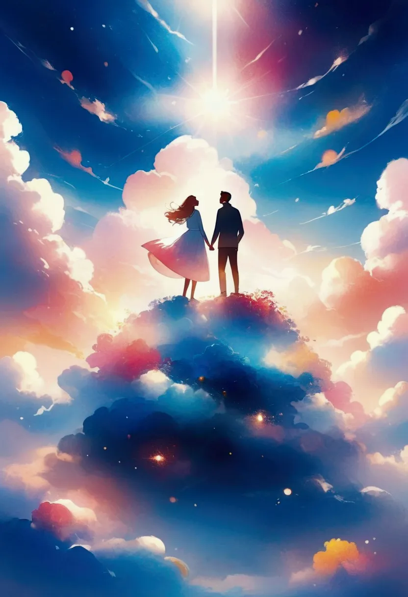 a couple standing on top of a cloud
