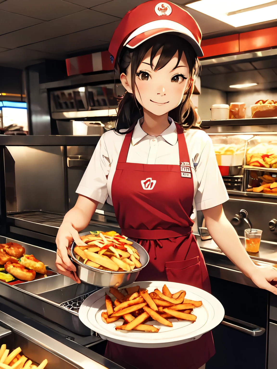 1 chica, Imagen de un trabajador de comida rápida preparando hamburguesas y papas fritas frente a una freidora。Los colores uniformes se usan para los uniformes.、usando delantal y gorra。