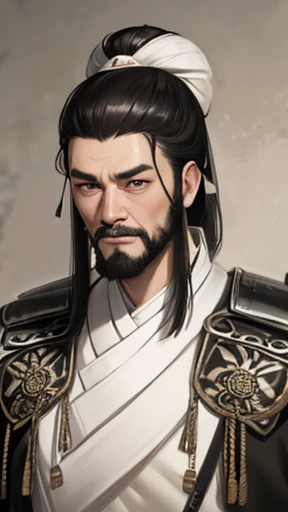 Monochrome,Oriental、((Beard))、(Ancient Chinese man in armor)、(ancient chinese hairstyle male)、As seen in the Romance of the Three Kingdoms々military commander、Highest quality、masterpiece、Ultra-high resolution、(Realistic:1.4)、Game Poster、Crisp and beautiful image quality、Embroidered cloth wrapped around a topknot、whole body ,((Skin of color)), ( (Very detailed, bloom:1.5), (Highest quality, Concept Art, 4K), (analog:1.2), (high sharpness), (Detailed pupil:1.1), (Painting:1.1), (digital Painting:1.1), Detailed face and eyes, masterpiece, Highest quality, (Very detailed写真:1.1), 8K, photoRealistic, (Black Hair, Dynamic Short Hair), (PurerosFace_v1:0.2), [:(Detailed face:1.2):0.2], sharp, Realistic, Realistic Shadow, 