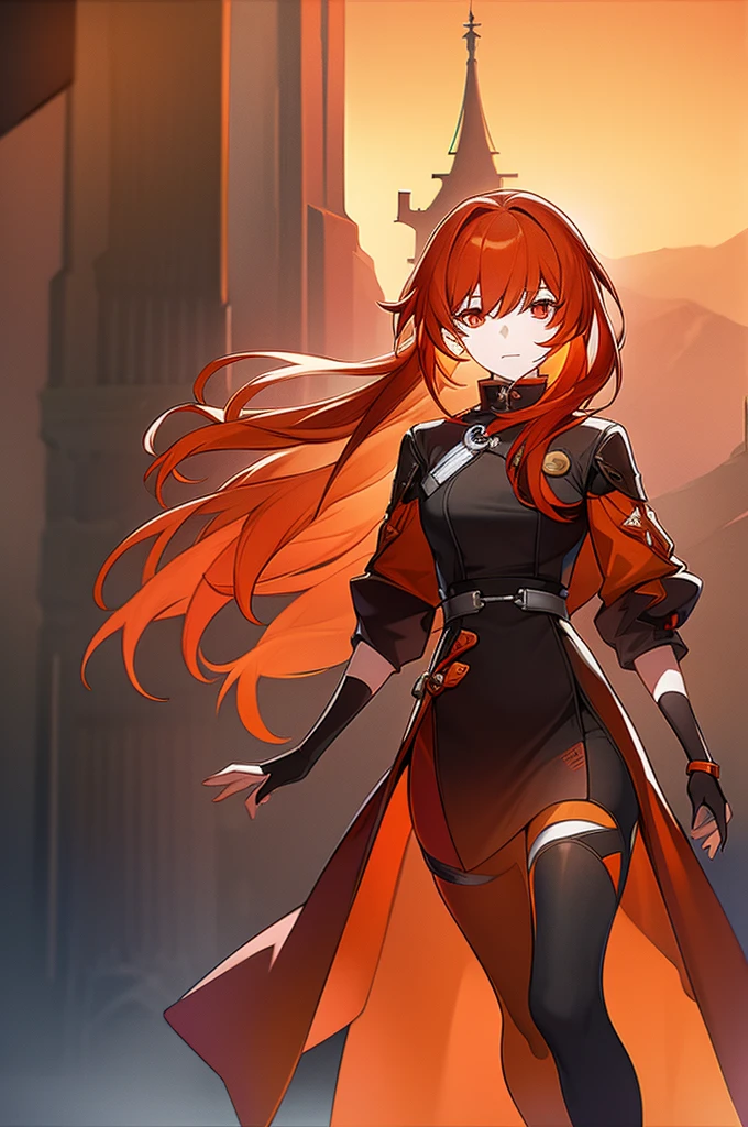 1woman,orange and red eyes,red and orange hair,legging clothers,long hair,black clothes,in a tower
