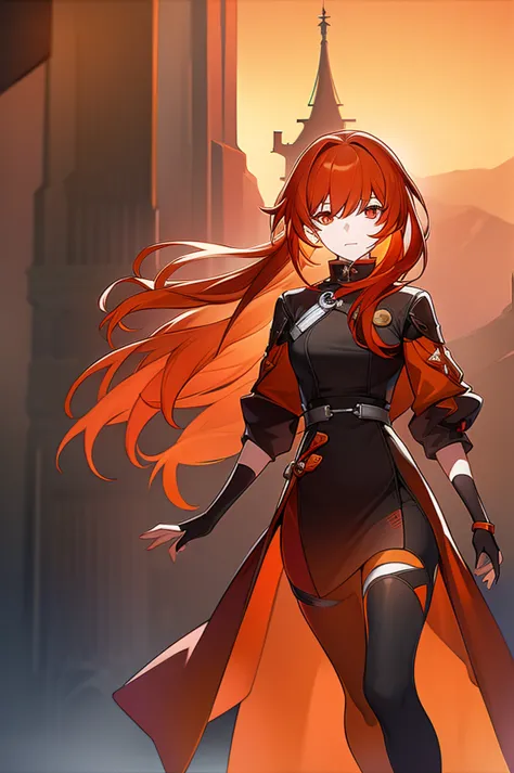 1woman,orange and red eyes,red and orange hair,legging clothers,long hair,black clothes,in a tower