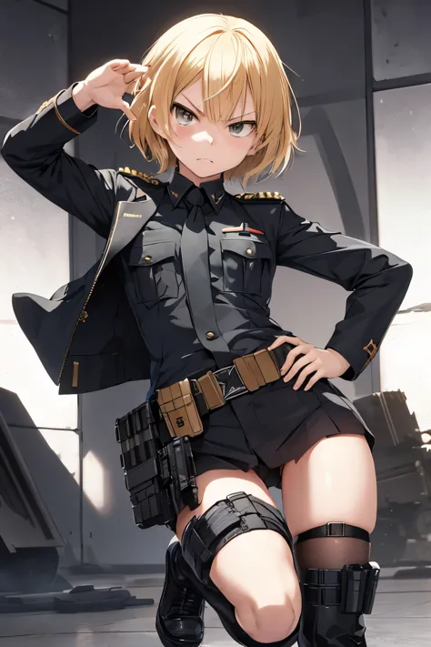 anime girl , childishi body , angry face  menacing  , short blonde hair  , keep militar,   uniform  , tactical military , pistol...