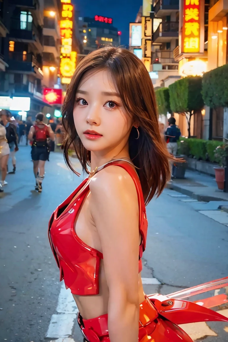 (Best quality, 8K, Masterpiece: 1.3), Clear focus: 1.2, Beauty: 1.4, Abs: 1.1, Brown hair, Aqua dress: 1.4, Night outdoors: 1.1, City streets, fine face and eyes, double eyelids. Realistic lighting added, pay attention to adjust the proportions.