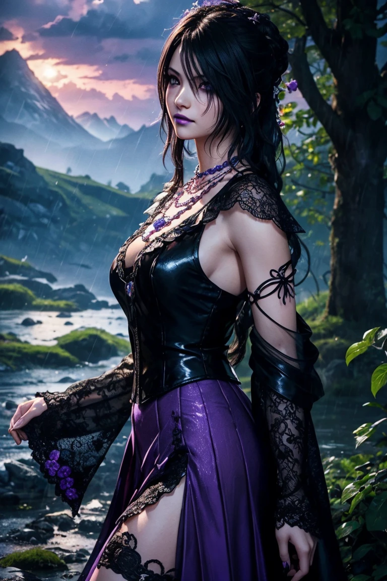 Lulu,Final Fantasy 10,FF10,Black Top,One Length,Let down one side of your bangs,Hide one eye,Beautiful purple eyes,White skin,Purple lips,黒いWith furロングドレス,Long skirt,With fur,Black see-through blouse,Black fishnet stockings,Purple Necklace,super high quality,super high quality,masterpiece,Digital SLR,Realistic,Further details,Vivid details,Depicted in detail,Detailed face,Further details,Super detailed,Realistic skin texture,Based on anatomical grounds,Perfect Anatomy,Anatomically correct hand,Anatomically correct fingers,Complex 3D rendering,Sexy pose,Beautiful morning glory(flower),Rainy Sky,Beautiful scenery,Fantastic rainy sky,Rainy season night,Picturesque,Pink Lips,smile,Fantastic butterflies々,