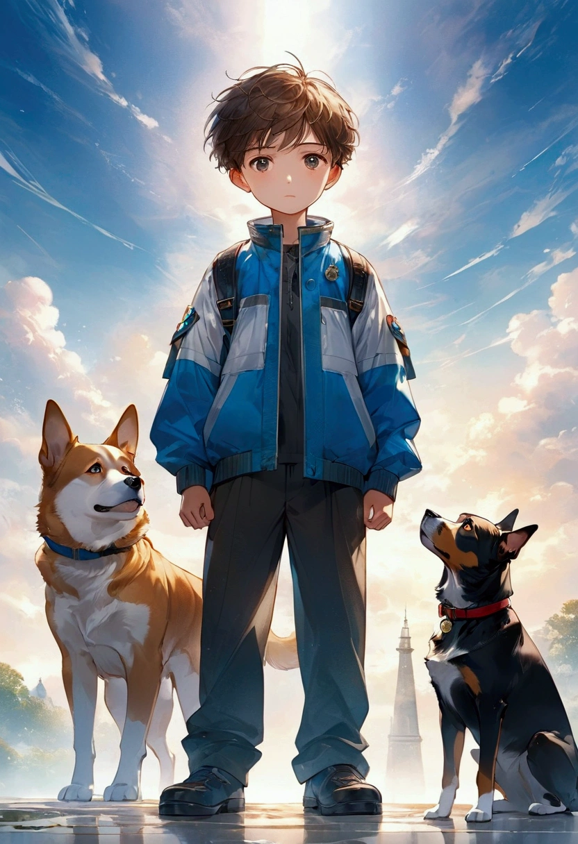 A boy and a dog standing facing up