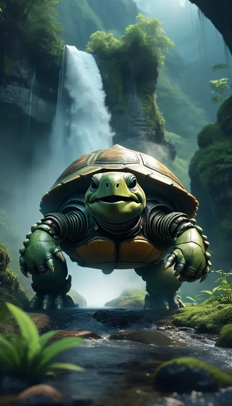 cinematic stills ral-braynclz style, smiling, a robot turtle emerges from a hiding place on a mountain path near a waterfall., s...