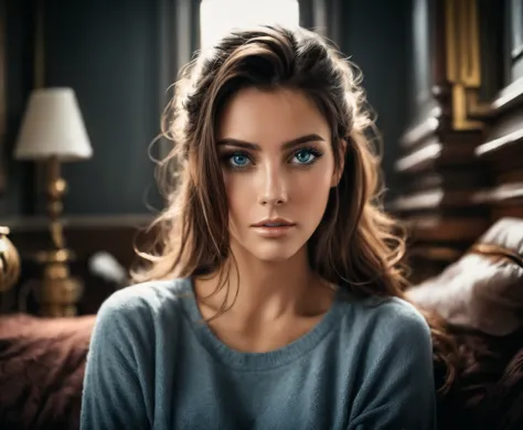 arafed woman with blue eyes sitting on a bed in a bedroom., foto de una beautiful woman, soft portrait 8k, beautiful face portra...