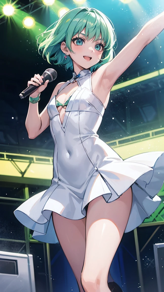 1 girl, anime woman with blue-green hair, arena, live music venue, singing, holding microphone, jumping, break anime style, anime style, young anime woman, smiling, semi short hair, digital anime illustration, bangs, crystal hair, shiny hair, break white dress, snowflake earrings, serious, shining, reflective light, ((flat chest)), ((flat chest))
