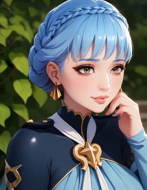 mariannetimeskip, crown braid, blue dress, long sleeves, capelet (masterpiece, best quality, ultra-detailed), realistic style, v...