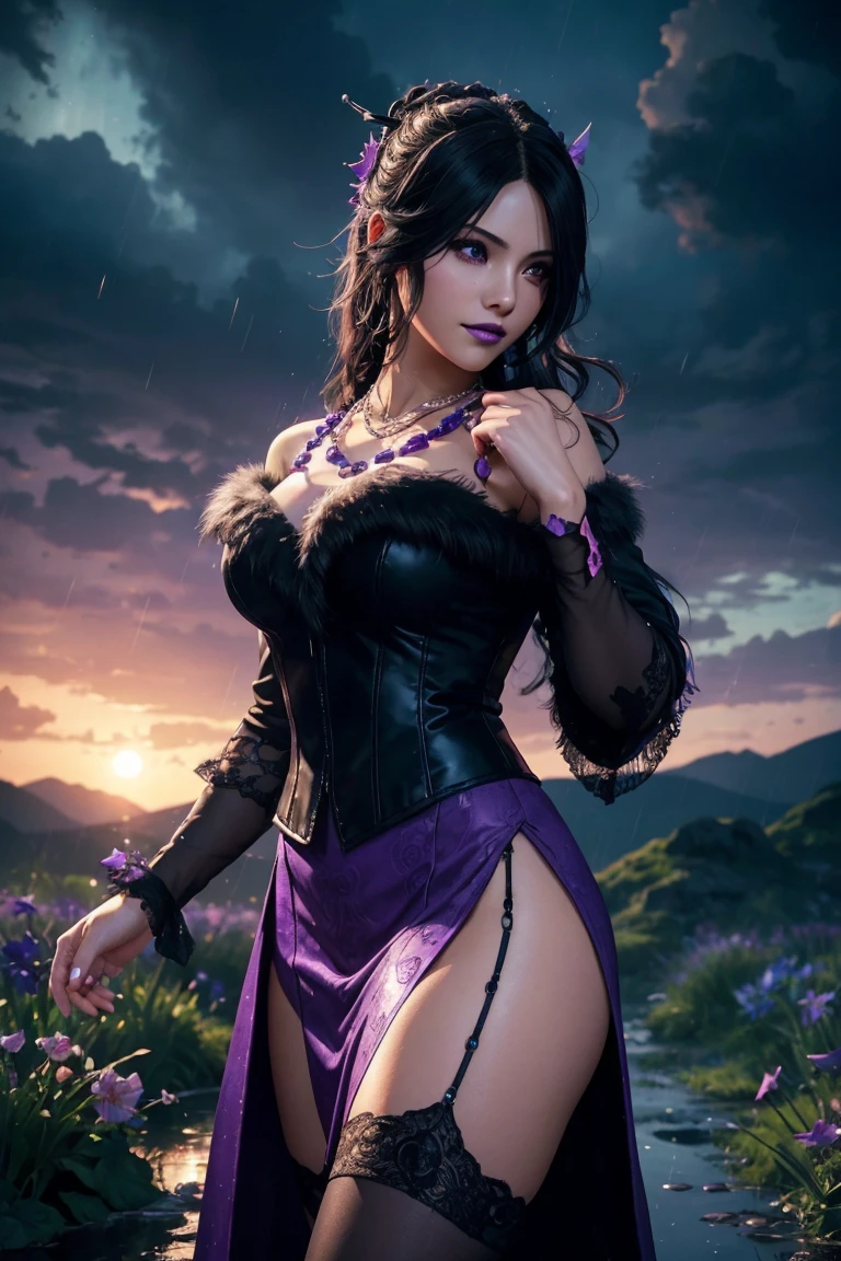 Lulu,Final Fantasy 10,FF10,Black Top,One Length,Let down one side of your bangs,Hide one eye,Beautiful purple eyes,White skin,Purple lips,黒いWith furロングドレス,Long skirt,With fur,Black see-through blouse,Black fishnet stockings,Purple Necklace,super high quality,super high quality,masterpiece,Digital SLR,Realistic,Further details,Vivid details,Depicted in detail,Detailed face,Further details,Super detailed,Realistic skin texture,Based on anatomical grounds,Perfect Anatomy,Anatomically correct hand,Anatomically correct fingers,Complex 3D rendering,Sexy pose,Beautiful morning glory(flower),Rainy Sky,Beautiful scenery,Fantastic rainy sky,Rainy season night,Fantastic night sky,Picturesque,Pink Lips,smile,Fantastic butterflies々,