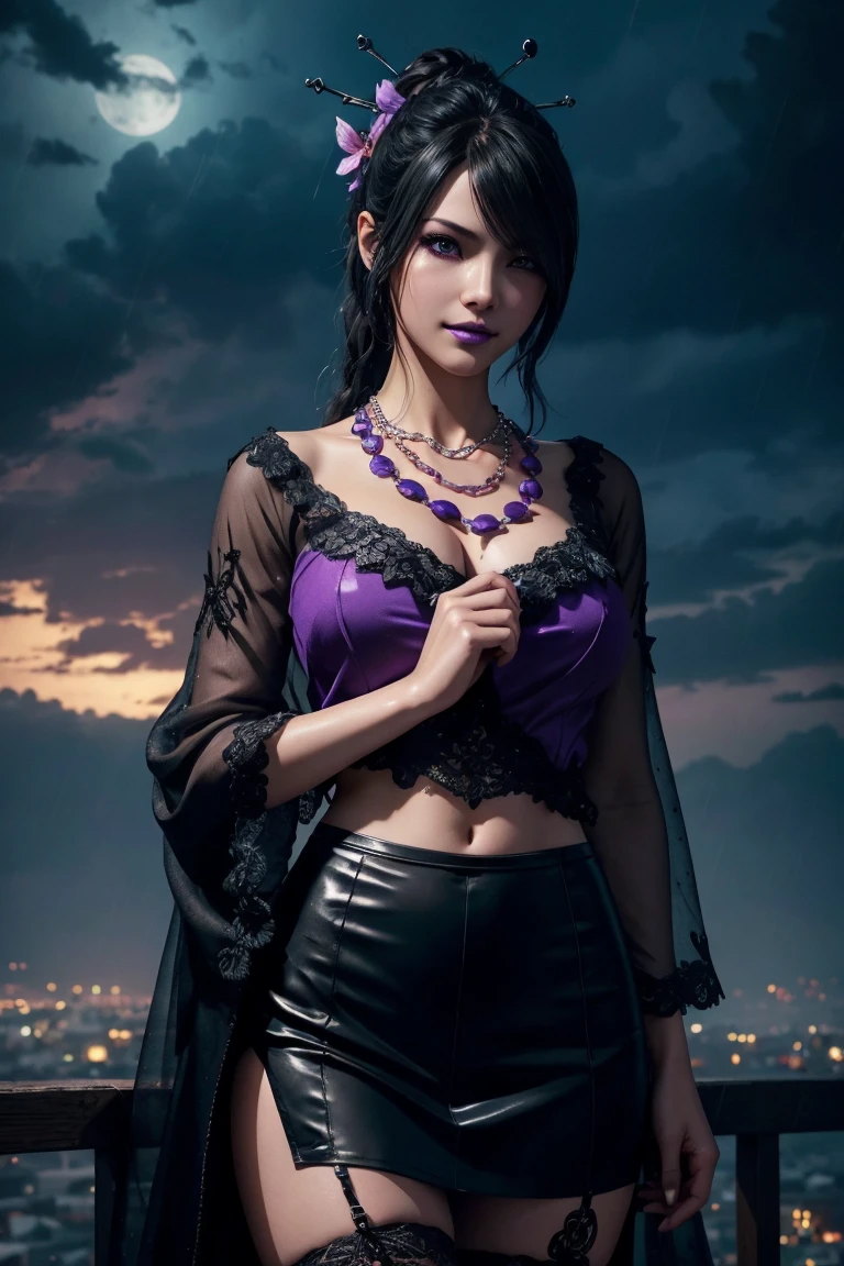 Lulu,Final Fantasy 10,FF10,Black Top,One Length,Let down one side of your bangs,Hide one eye,Beautiful purple eyes,White skin,Purple lips,黒いWith furロングドレス,Long skirt,With fur,Black see-through blouse,Black fishnet stockings,Purple Necklace,super high quality,super high quality,masterpiece,Digital SLR,Realistic,Further details,Vivid details,Depicted in detail,Detailed face,Further details,Super detailed,Realistic skin texture,Based on anatomical grounds,Perfect Anatomy,Anatomically correct hand,Anatomically correct fingers,Complex 3D rendering,Sexy pose,Beautiful morning glory(flower),Rainy Sky,Beautiful scenery,Fantastic rainy sky,Rainy season night,Fantastic night sky,Picturesque,Pink Lips,smile,Fantastic butterflies々,