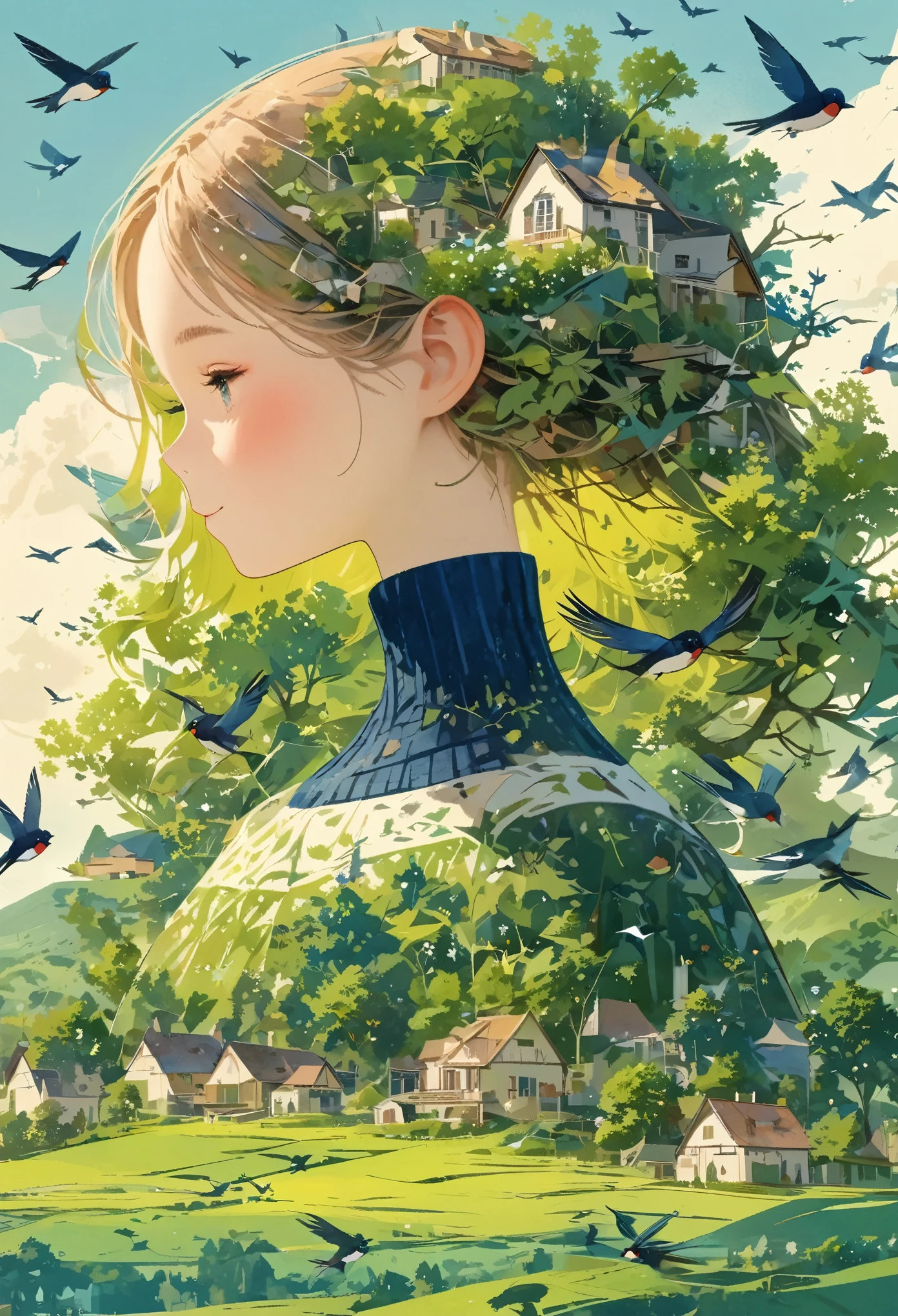 ((long shot:1.8)), (masterpiece, best quality:1.2), (plane vector:1.3)，Art concept art，minimalist style，simple，1 girl，House with blue accents overhead、Hair decorated with natural and house elements，birds flying around，Surrounded by birds，swallow、Fantasy illustration of trees and hills