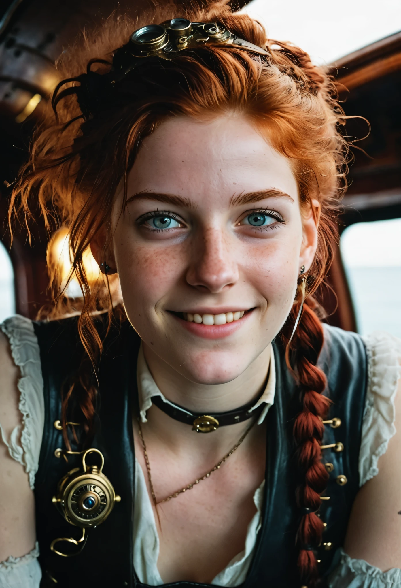 (editorial photography of a 20 year old Tifa Lockhart), (highly detailed face:1.4) (smile:0.7) (background inside dark, moody, private study:1.3), steampunk pirate's airship, nikon d850, film stock photography, for kodak portra 400 ,camera f1.6 lens, bokeh, analog style, rich colors, hyper realistic, lifelike texture, dramatic lighting, cinestill 800, messy hair, serious, (freckles:0.4), pale skin, cute sexy