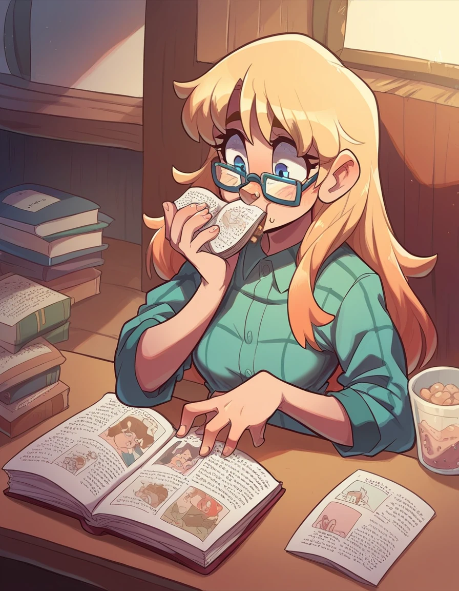 Ralph Bakshi Style, awkward curvy big-nose dirty-blonde with small_breasts and blue eyes with glasses and medium-long hair, eating cereal, reading book, furrowed brow 