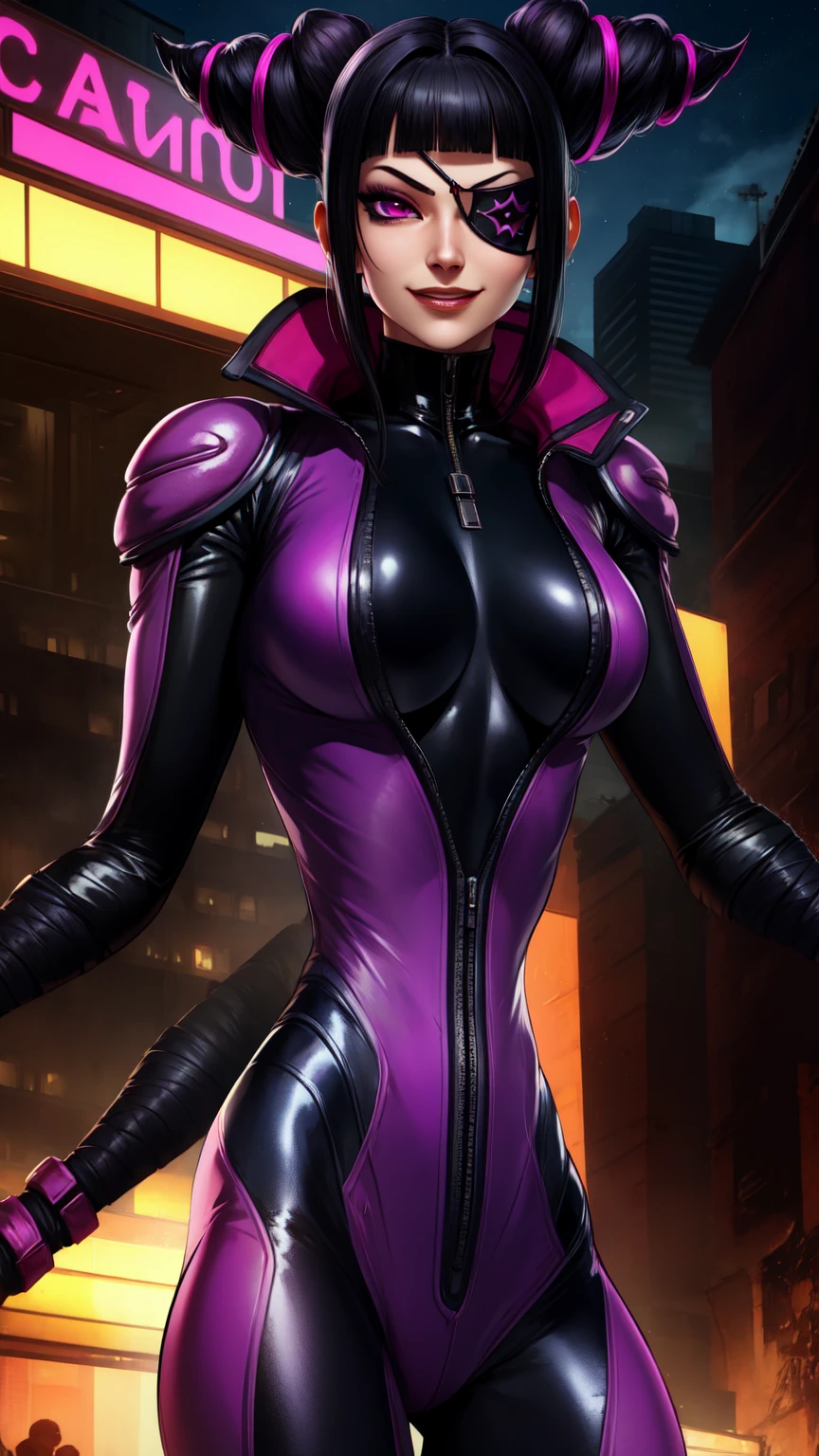 Juri , black hair,two-tone hair, hair horns, purple eyes, eyepatch,  
bodysuit, clothing cutout, 
standing, upper body, evil smile, 
night club,
(insanely detailed, beautiful detailed face,beautiful detailed eyes, masterpiece, best quality) , solo,